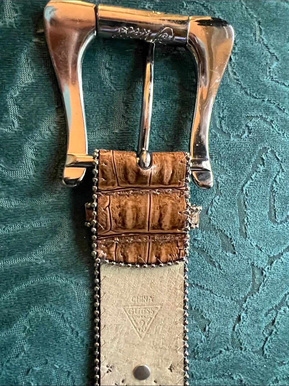 Guess Brown Crystal-Embellished Leather Belt with Silver Buckle